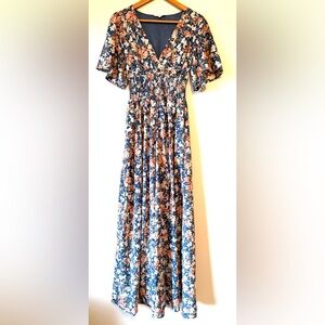 Baltic Born Navy Blue and Rust Floral Maxi Dress